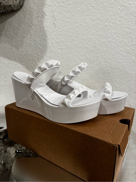 Carmen Sol Shoes - White Studded Patent Wedge Slide Sandals - Women's